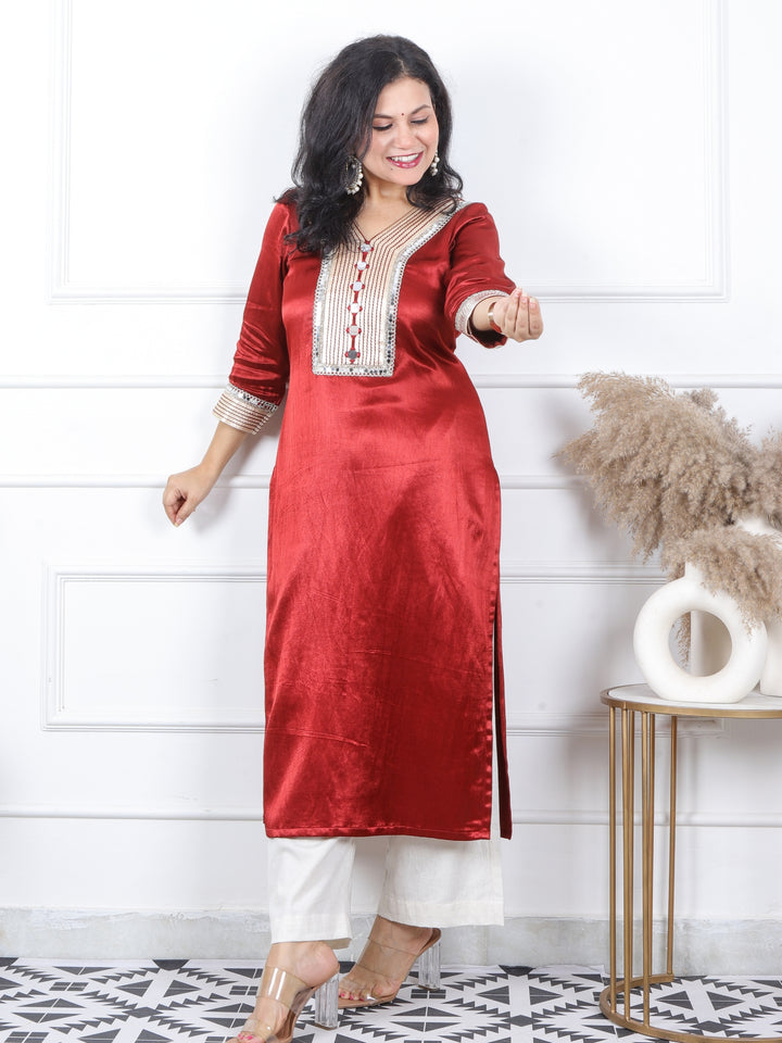 Ishara Blood Red Embellish Neck with Mirror Premium Mashru Silk Kurti