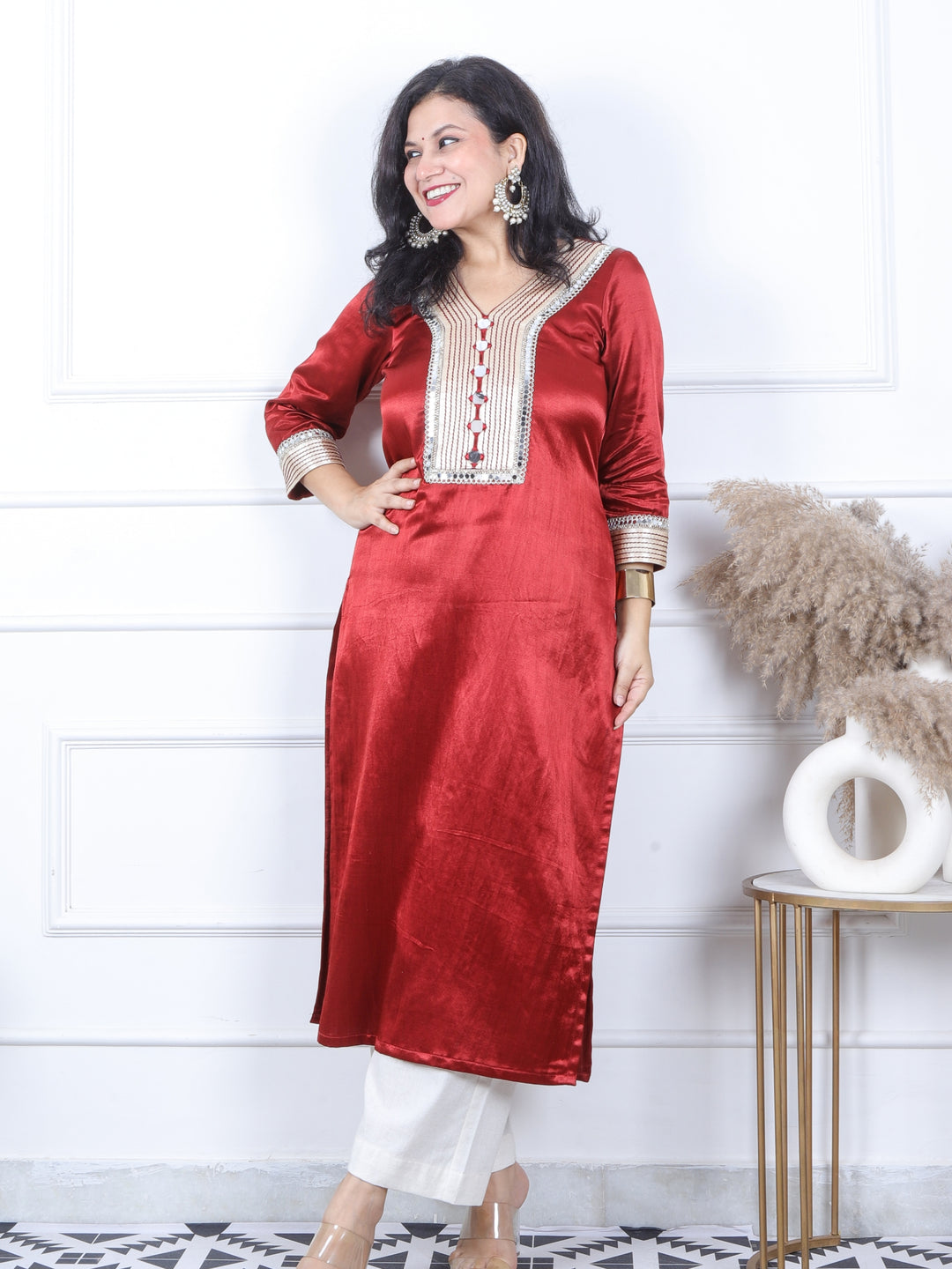 Ishara Blood Red Embellish Neck with Mirror Premium Mashru Silk Kurti