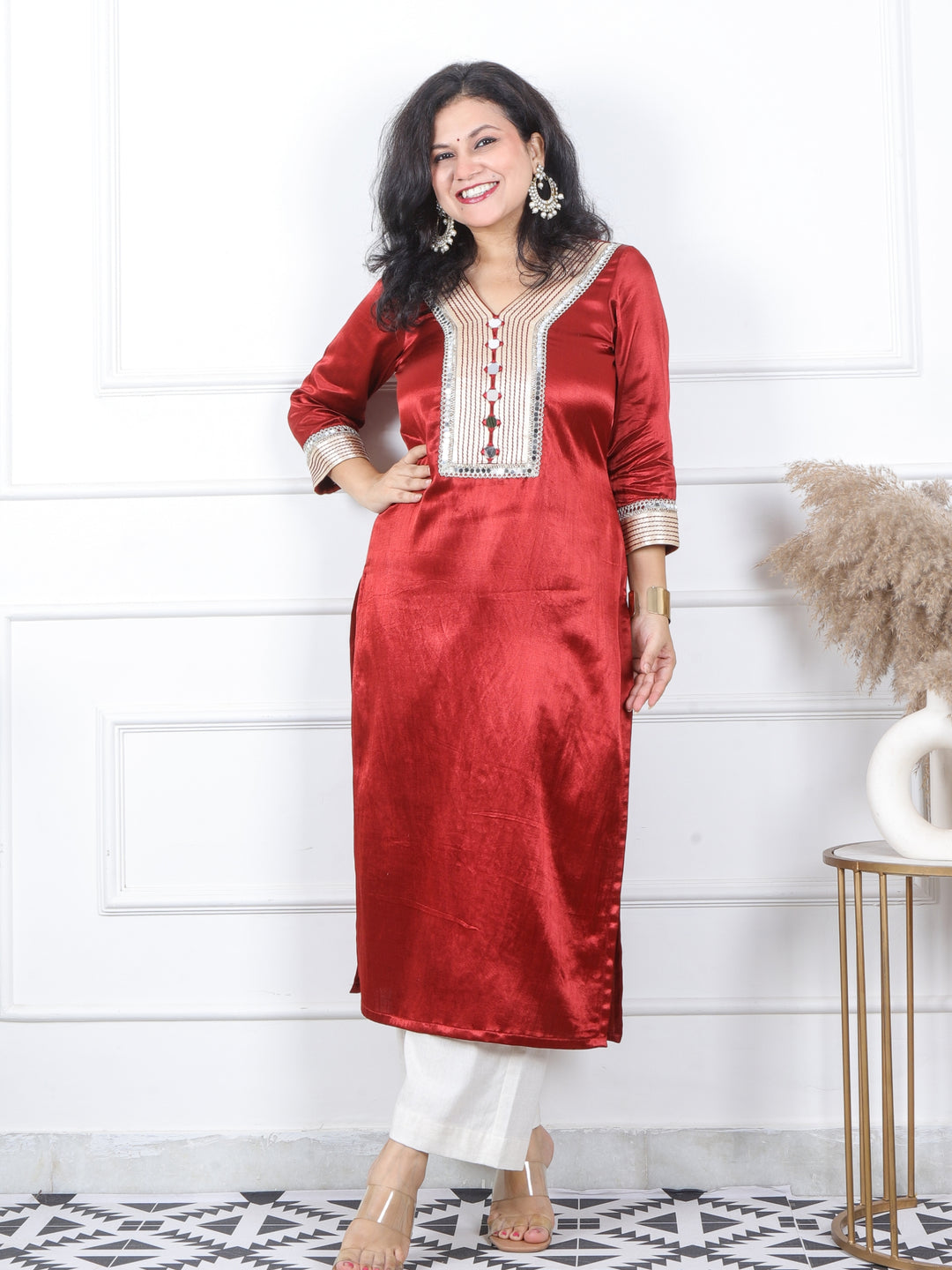 Ishara Blood Red Embellish Neck with Mirror Premium Mashru Silk Kurti