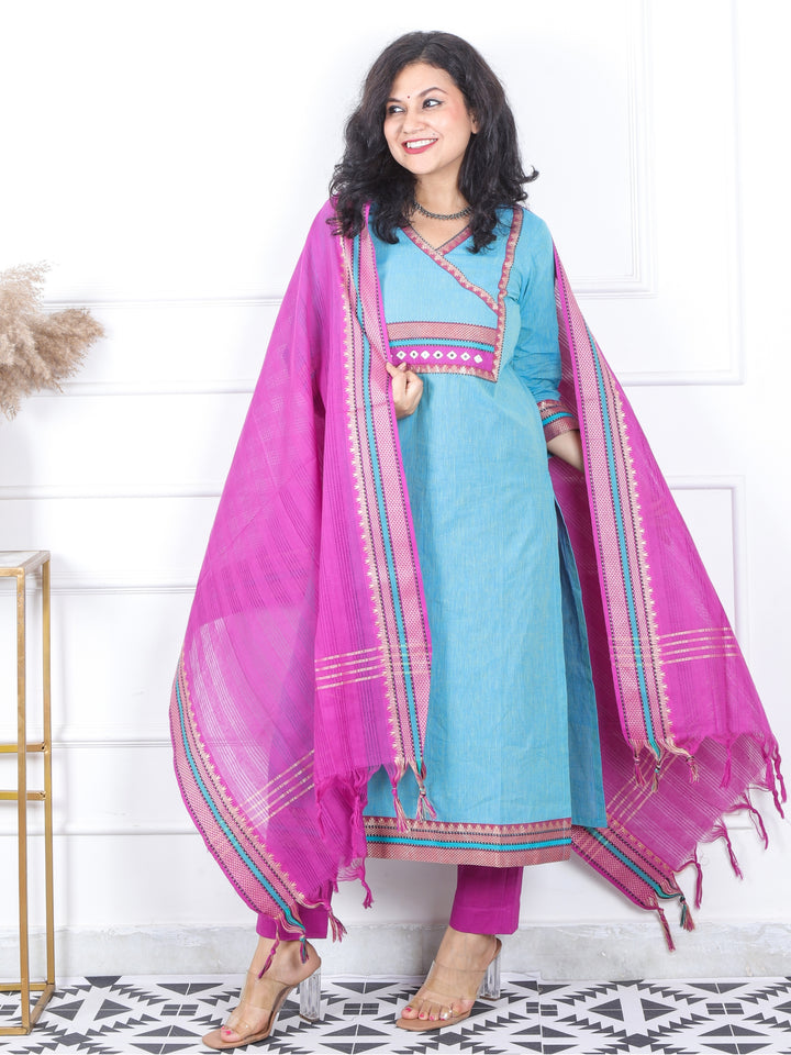 Iktara Aqua Teal Mangalgiri Hem in South Cotton 3 Piece Set