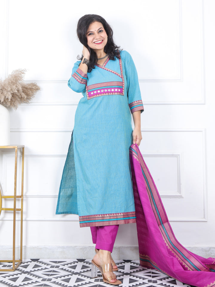 Iktara Aqua Teal Mangalgiri Hem in South Cotton 3 Piece Set