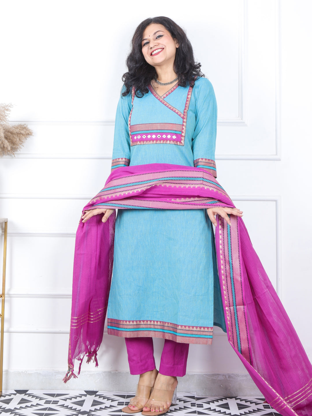 Iktara Aqua Teal Mangalgiri Hem in South Cotton 3 Piece Set