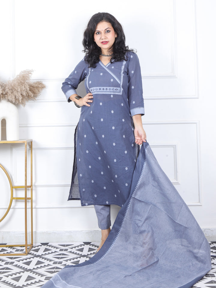 Iktara Fossil Grey All Over Thread Weaved Temple Hem South Cotton 3 Piece Set