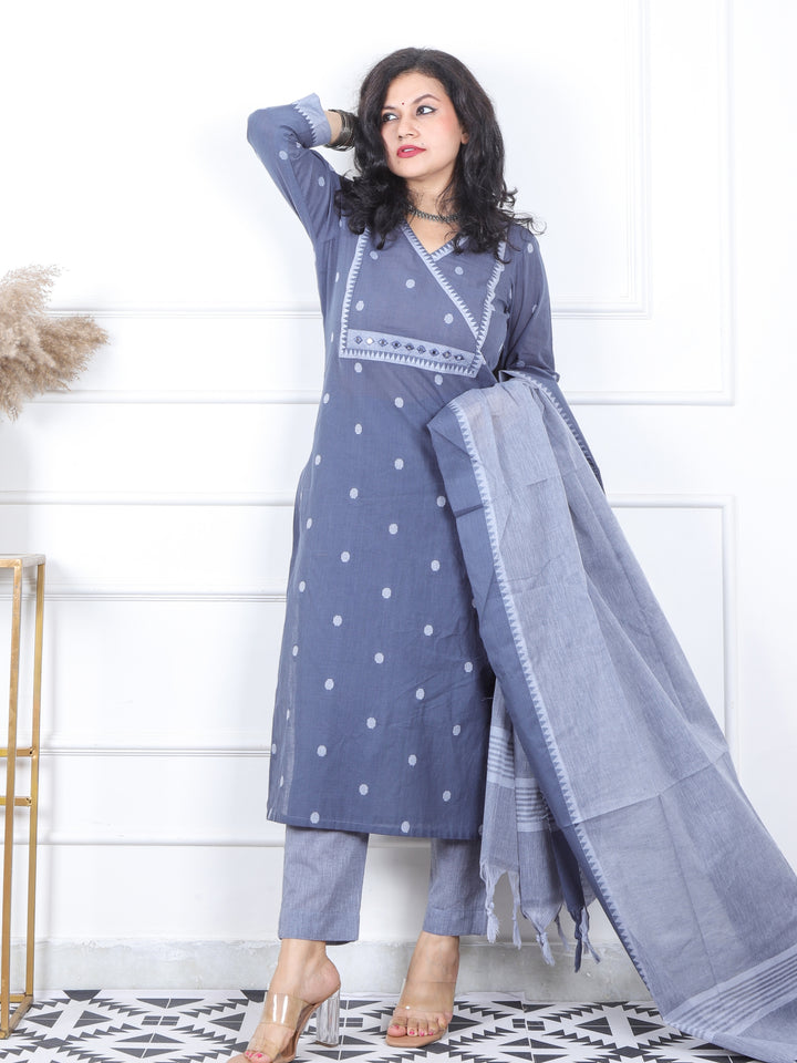 Iktara Fossil Grey All Over Thread Weaved Temple Hem South Cotton 3 Piece Set