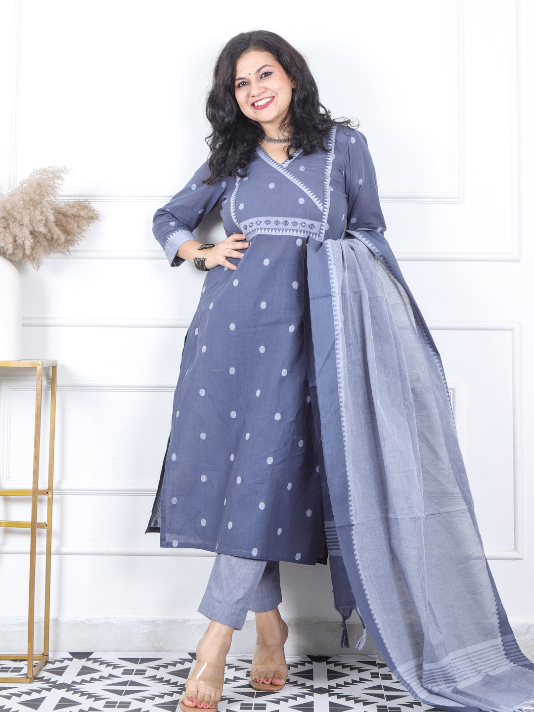 Iktara Fossil Grey All Over Thread Weaved Temple Hem South Cotton 3 Piece Set