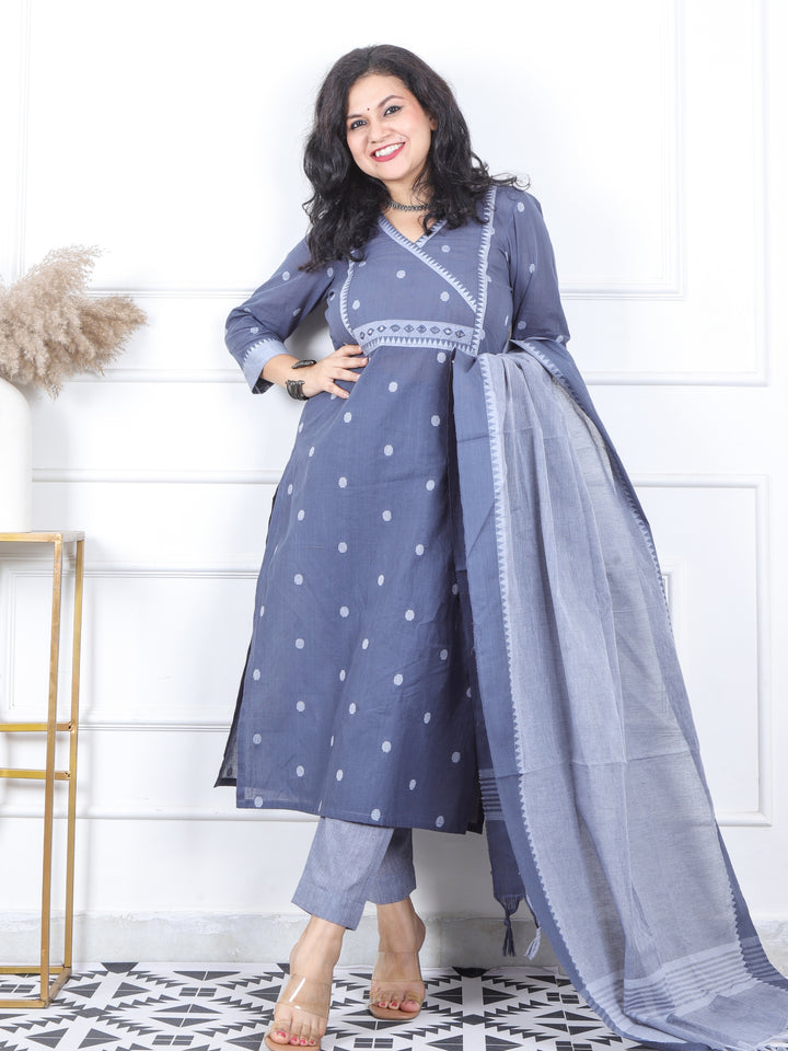 Iktara Fossil Grey All Over Thread Weaved Temple Hem South Cotton 3 Piece Set
