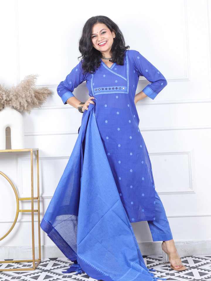 Iktara Electric Blue All Over Thread Weaved South Cotton 3 Piece Set