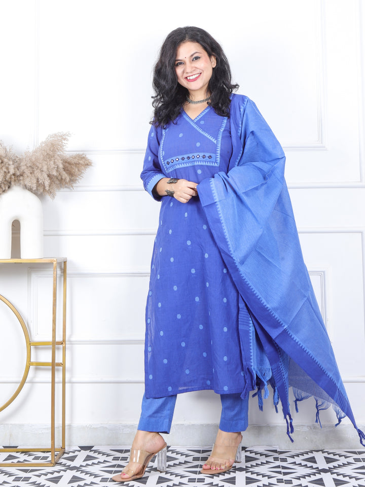 Iktara Electric Blue All Over Thread Weaved South Cotton 3 Piece Set