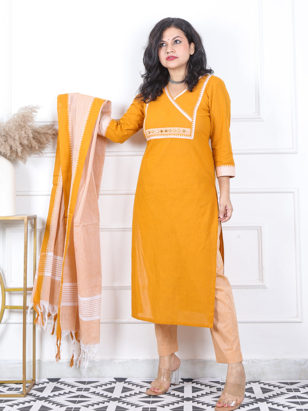 Iktara Tangerine Orange South Cotton Temple Hem 3 Piece Set