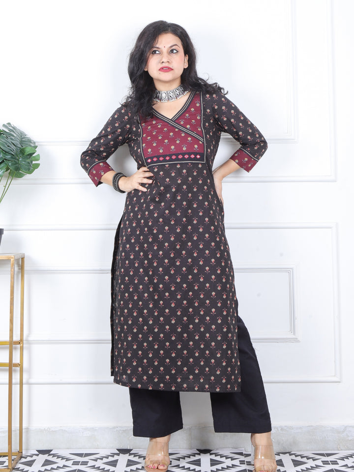 Mannat Coal Black Printed Angrakha Yock in Printed Cotton Kurti