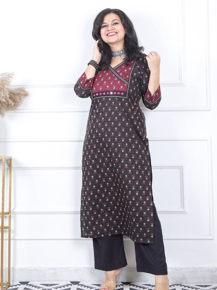 Mannat Coal Black Printed Angrakha Yock in Printed Cotton Kurti