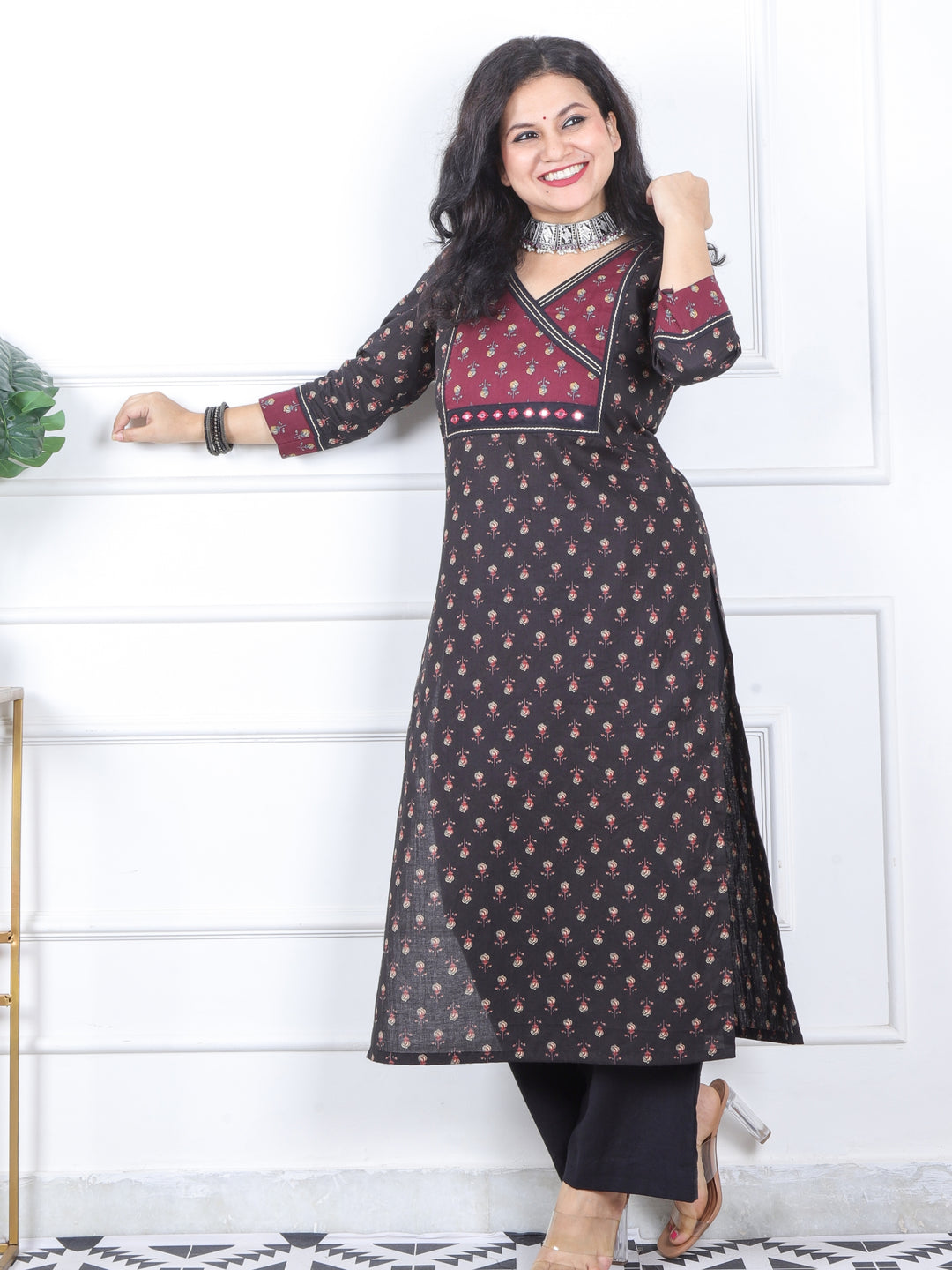 Mannat Coal Black Printed Angrakha Yock in Printed Cotton Kurti