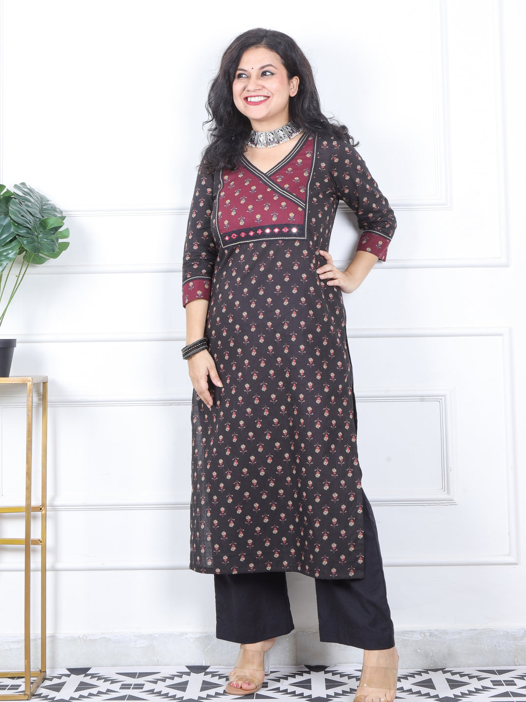 Mannat Coal Black Printed Angrakha Yock in Printed Cotton Kurti