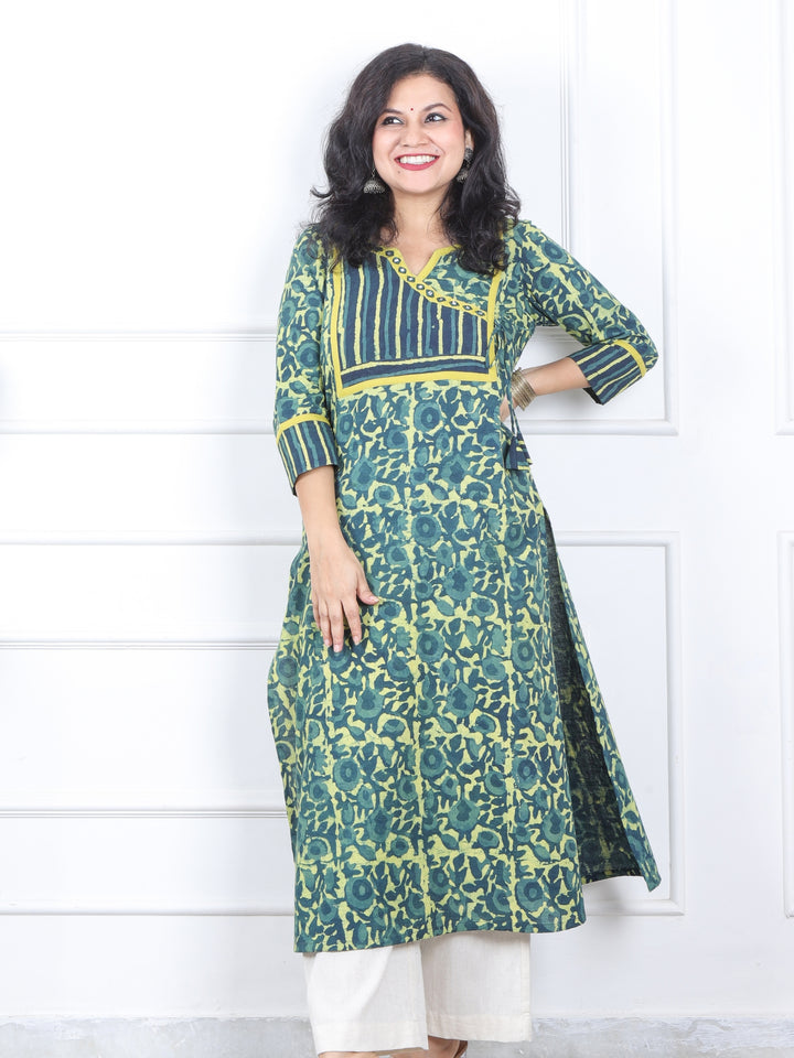 Mannat Sac. Mint Green Lace with Angrakha Neck Dabu Printed Cotton Kurti