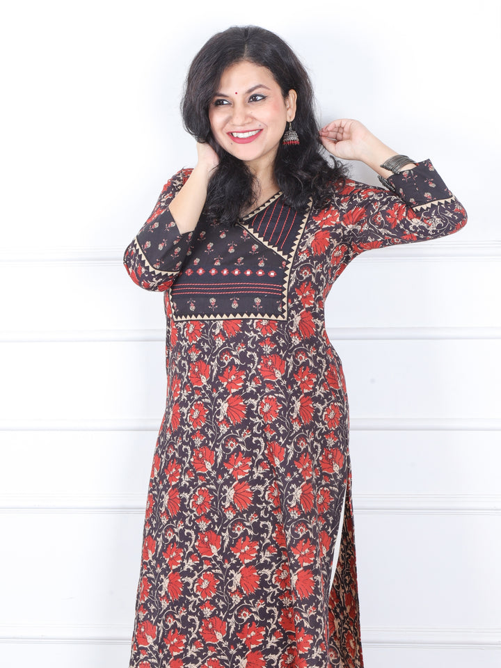 Mannat Oil Black Kalamkari Printed Angrakha with Mirror Neck Work Cotton Kurti