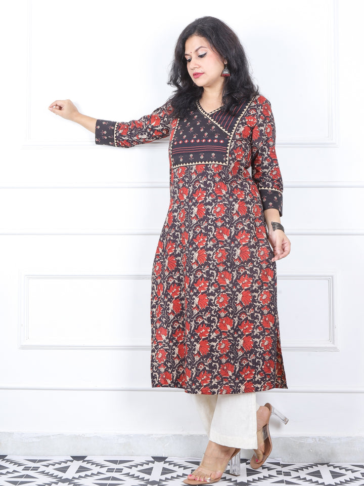 Mannat Oil Black Kalamkari Printed Angrakha with Mirror Neck Work Cotton Kurti