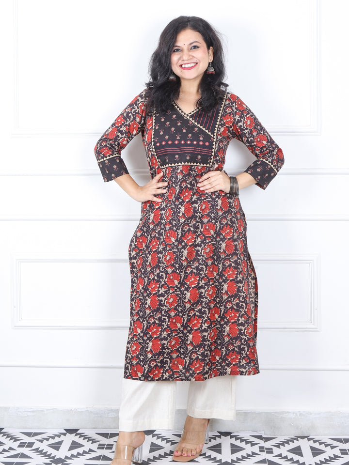 Mannat Oil Black Kalamkari Printed Angrakha with Mirror Neck Work Cotton Kurti