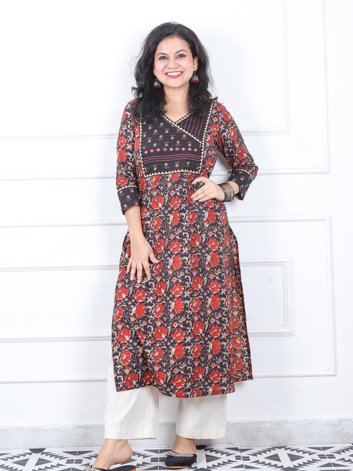 Mannat Oil Black Kalamkari Printed Angrakha with Mirror Neck Work Cotton Kurti