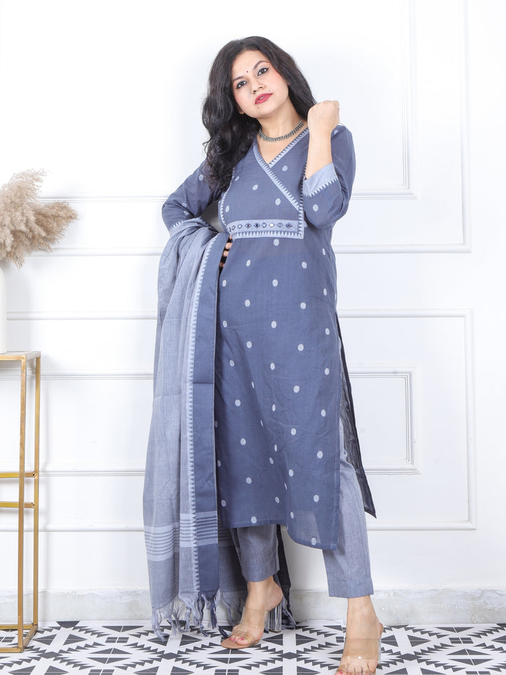Iktara Fossil Grey All Over Thread Weaved Temple Hem South Cotton 3 Piece Set