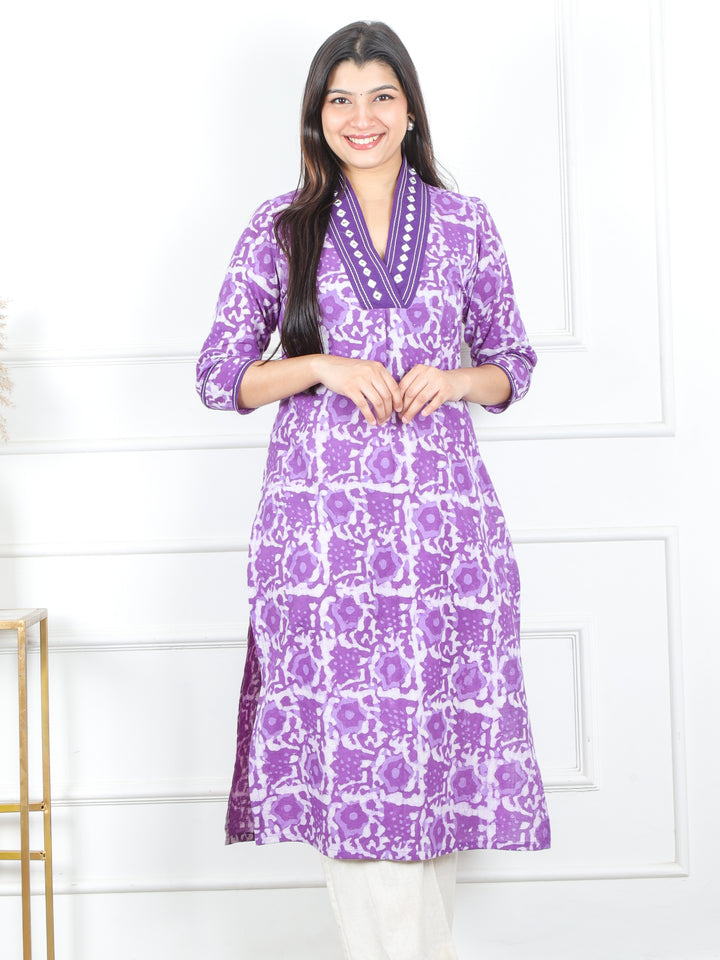 Swar Orchid Purple V Neck with Mirror Work Dabu Printed Cotton Kurti-D2