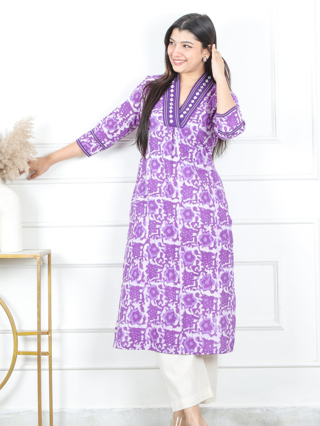 Swar Orchid Purple V Neck with Mirror Work Dabu Printed Cotton Kurti-D2