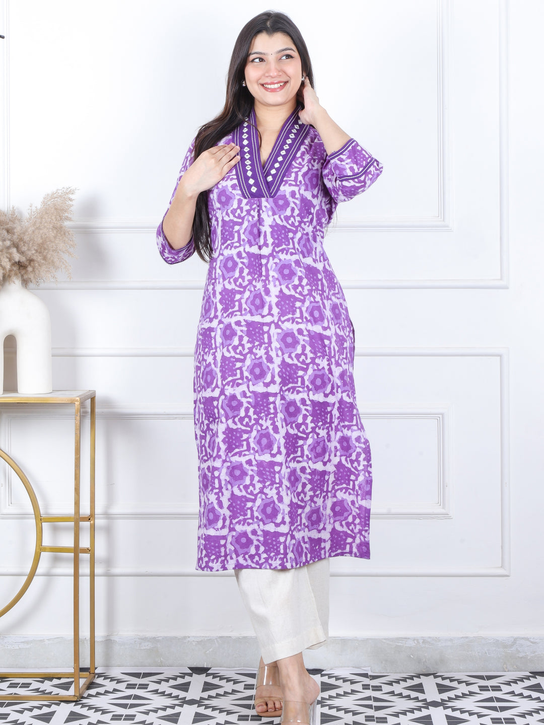 Swar Orchid Purple V Neck with Mirror Work Dabu Printed Cotton Kurti-D2