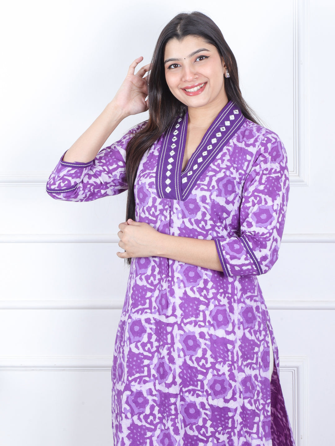 Swar Orchid Purple V Neck with Mirror Work Dabu Printed Cotton Kurti-D2