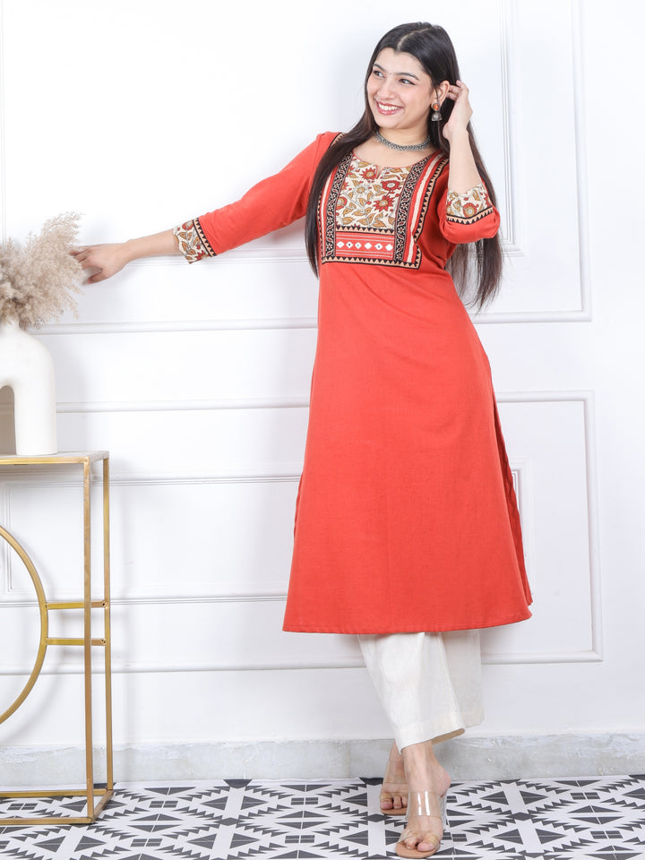 Swar Rust Orange Kutch Fusion Printed Patch Neck Cotton Flex Kurti-D2