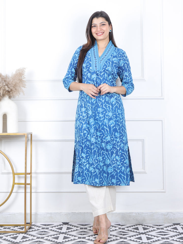 Swar Sapp. Blue V Neck with Mirror Work Dabu Printed Cotton Kurti