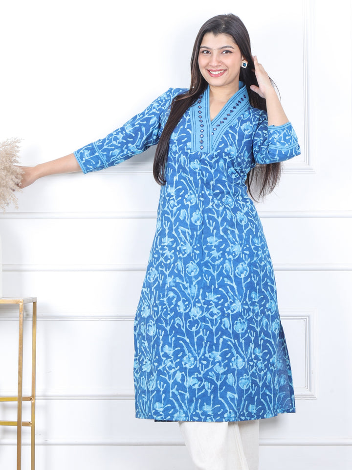 Swar Sapp. Blue V Neck with Mirror Work Dabu Printed Cotton Kurti