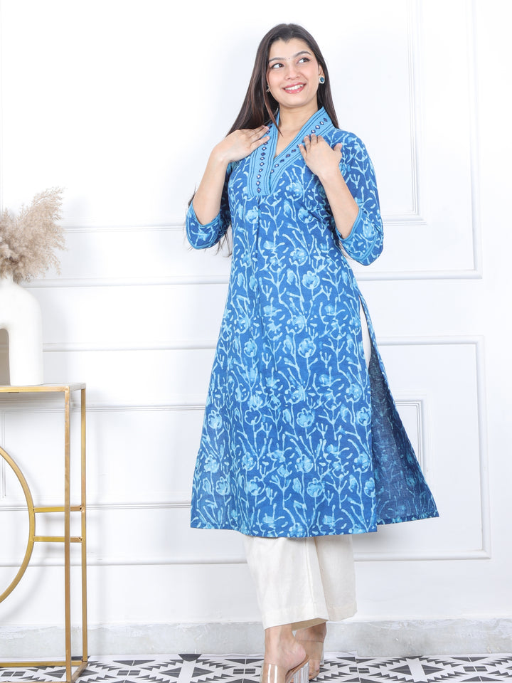 Swar Sapp. Blue V Neck with Mirror Work Dabu Printed Cotton Kurti