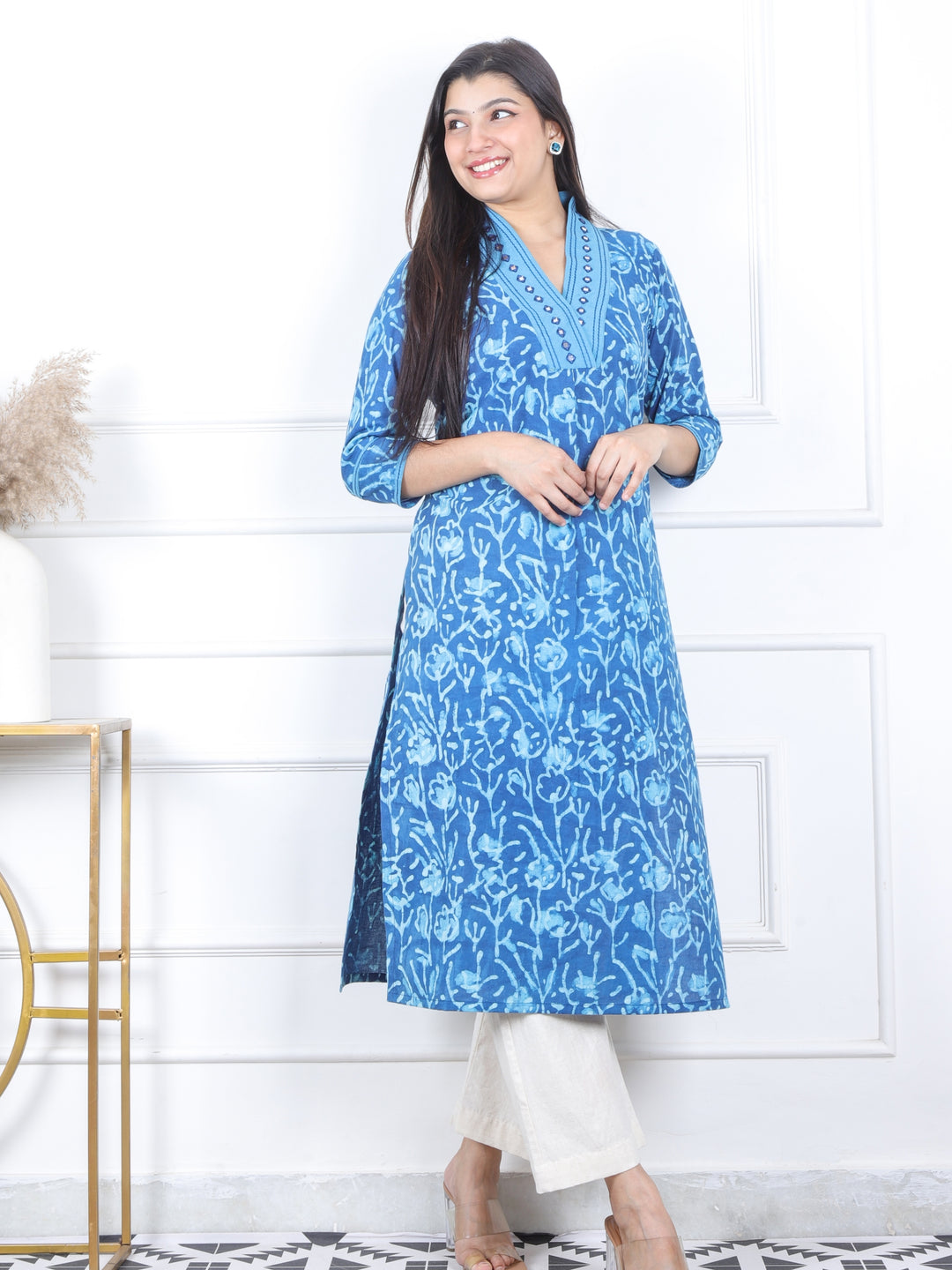 Swar Sapp. Blue V Neck with Mirror Work Dabu Printed Cotton Kurti