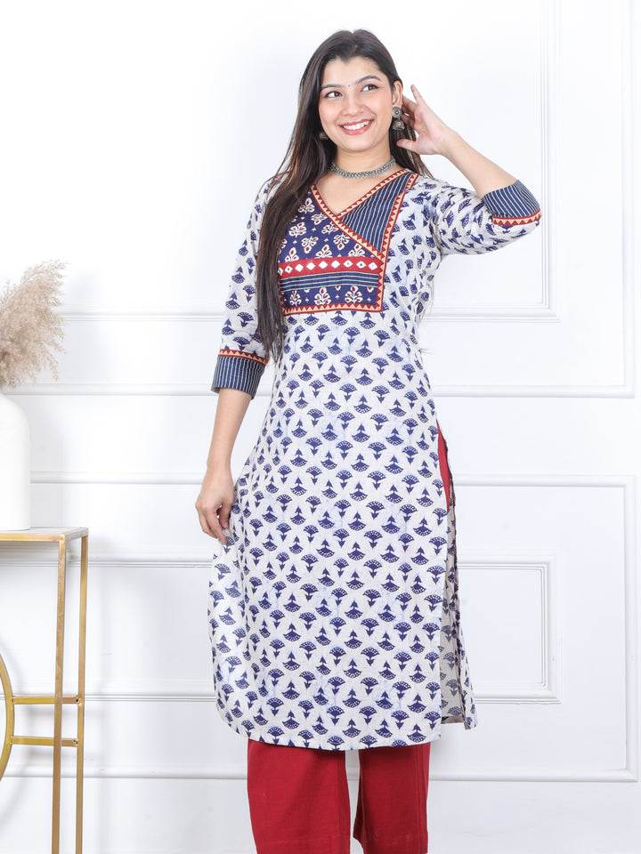 Swar Indi. Blue Kutch Fusion Angrakha Neck Mirror Work Dabu Cotton Kurti-D3