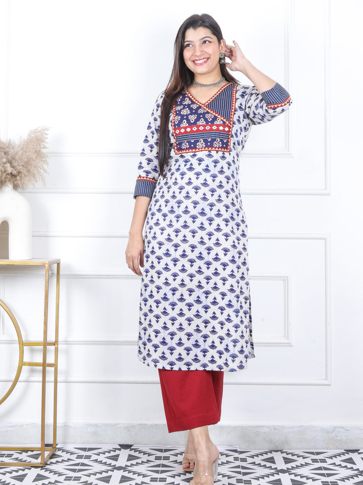 Swar Indi. Blue Kutch Fusion Angrakha Neck Mirror Work Dabu Cotton Kurti-D3