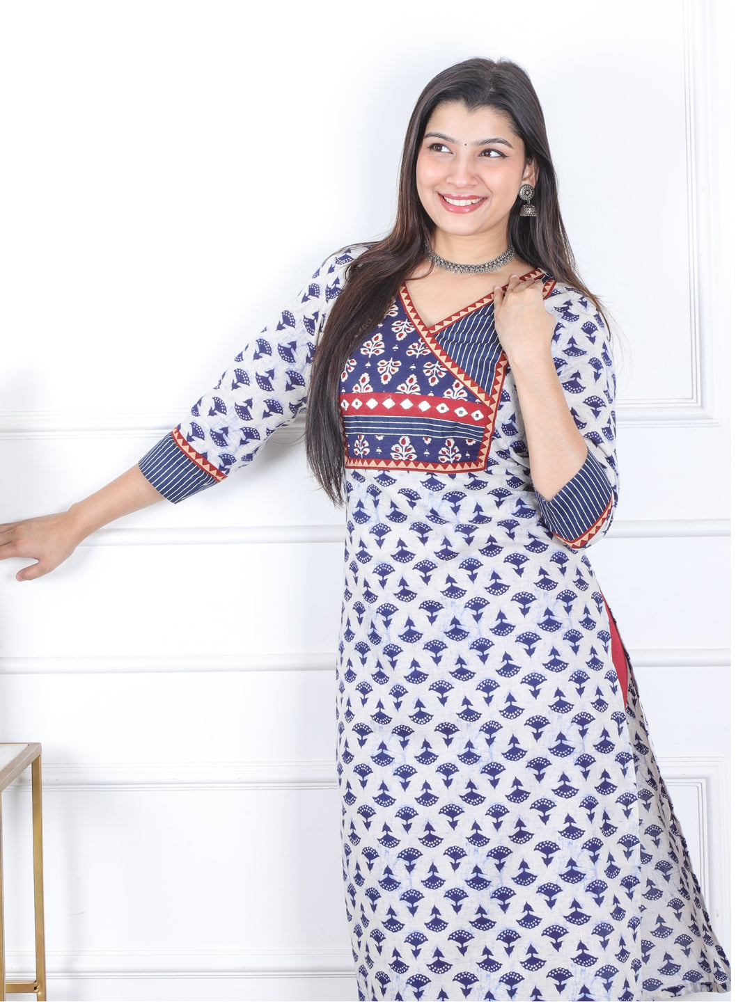 Swar Indi. Blue Kutch Fusion Angrakha Neck Mirror Work Dabu Cotton Kurti-D3