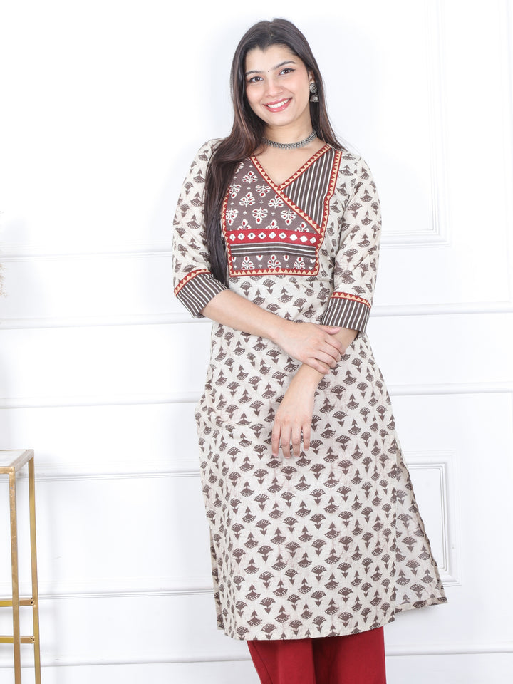 Swar Latte Beige Kutch Fusion Angrakha Neck Mirror Work Dabu Cotton Kurti-D3