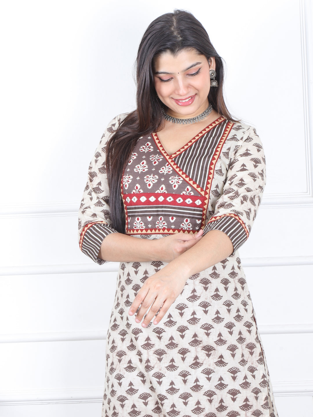 Swar Latte Beige Kutch Fusion Angrakha Neck Mirror Work Dabu Cotton Kurti-D3