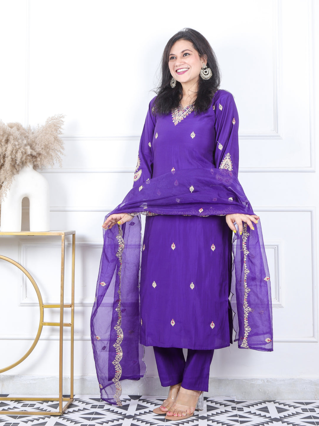 Daarshvi Violet Purple Embellish Neckline Work Modal 3 Piece Set
