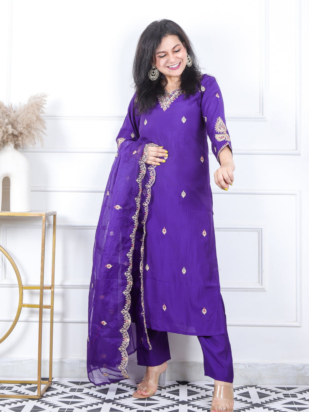 Daarshvi Violet Purple Embellish Neckline Work Modal 3 Piece Set