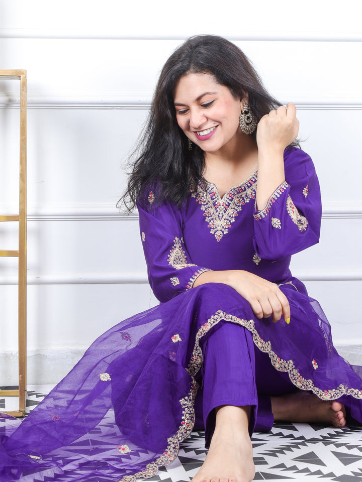 Daarshvi Violet Purple Embellish Neckline Work Modal 3 Piece Set