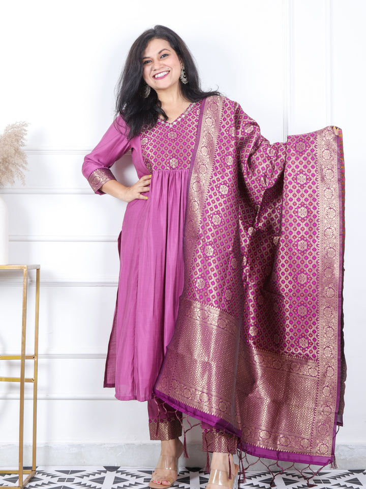 Daarshvi Iris Purple Weaved Patch in Naira Cut Roman Silk 2 Piece Set