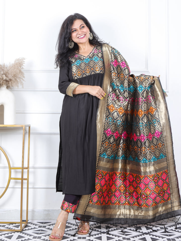 Daarshvi Ebony Black Weaved Patch in Naira Cut Roman Silk 2 Piece Set