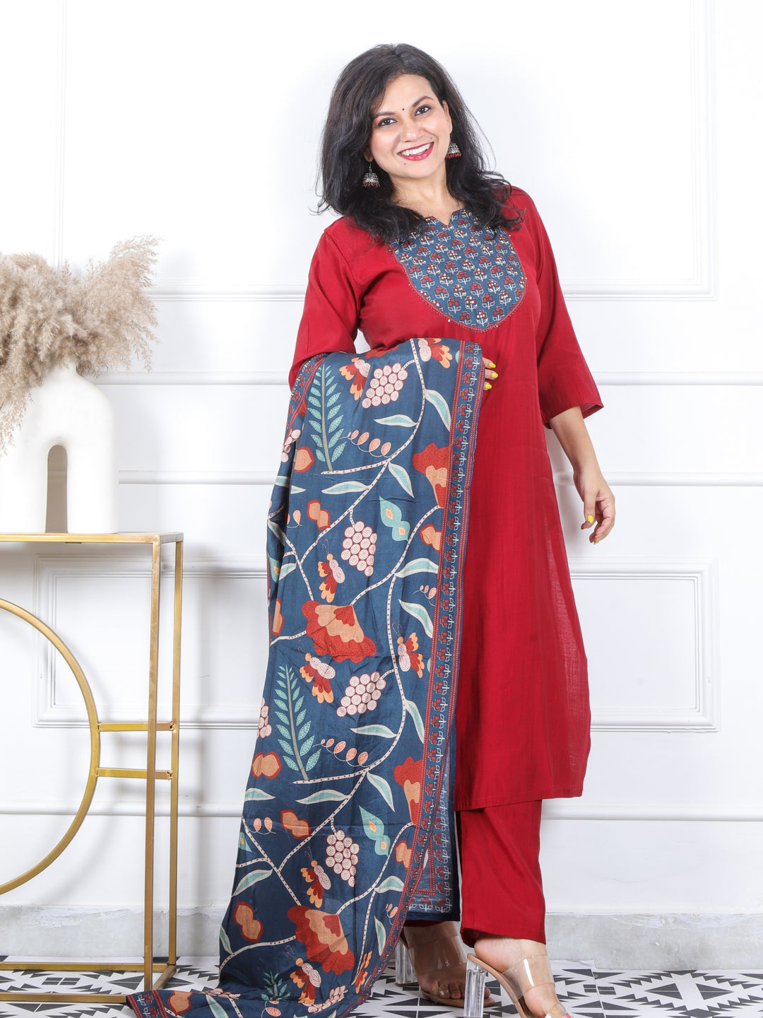 Daarshvi Maroon Red Patch Neck with Moti Work Modal 3 Piece Set