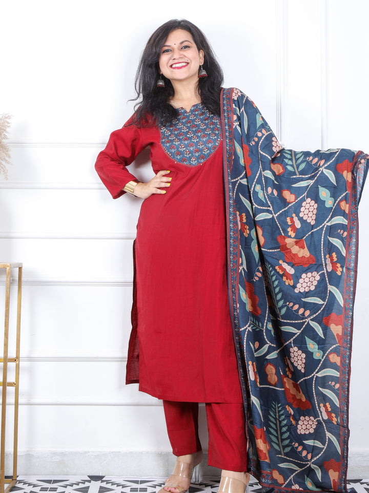 Daarshvi Maroon Red Patch Neck with Moti Work Modal 3 Piece Set