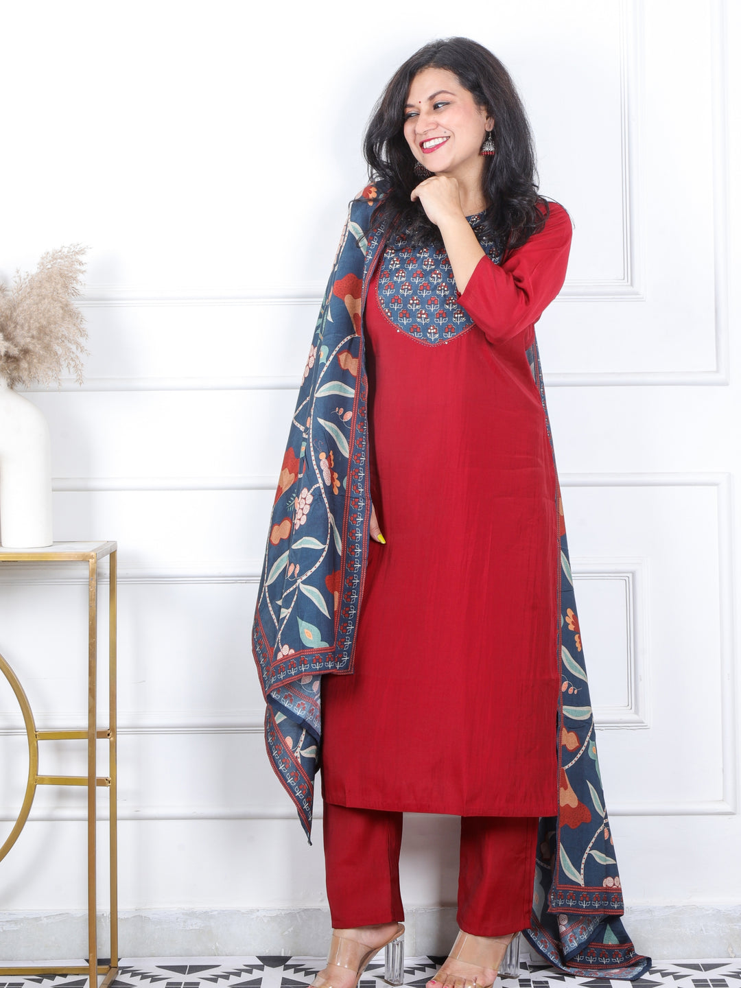 Daarshvi Maroon Red Patch Neck with Moti Work Modal 3 Piece Set