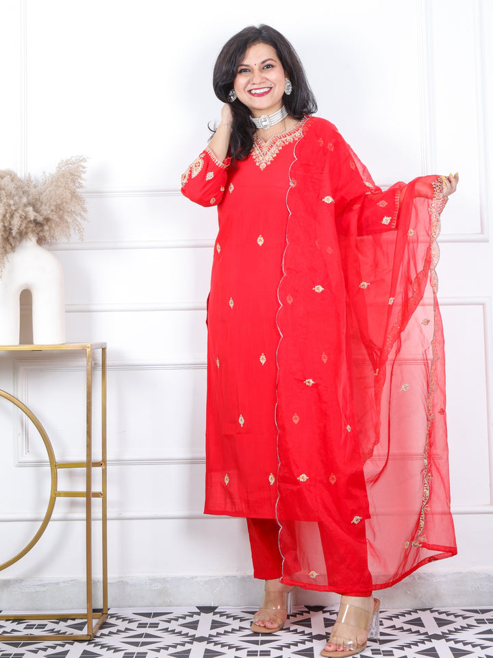 Daarshvi Bright Red Embellish Neckline Work Modal 3 Piece Set