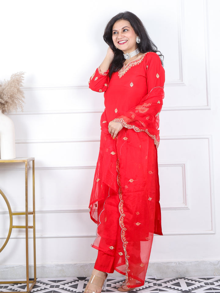 Daarshvi Bright Red Embellish Neckline Work Modal 3 Piece Set