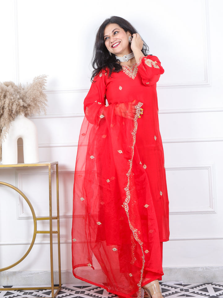 Daarshvi Bright Red Embellish Neckline Work Modal 3 Piece Set