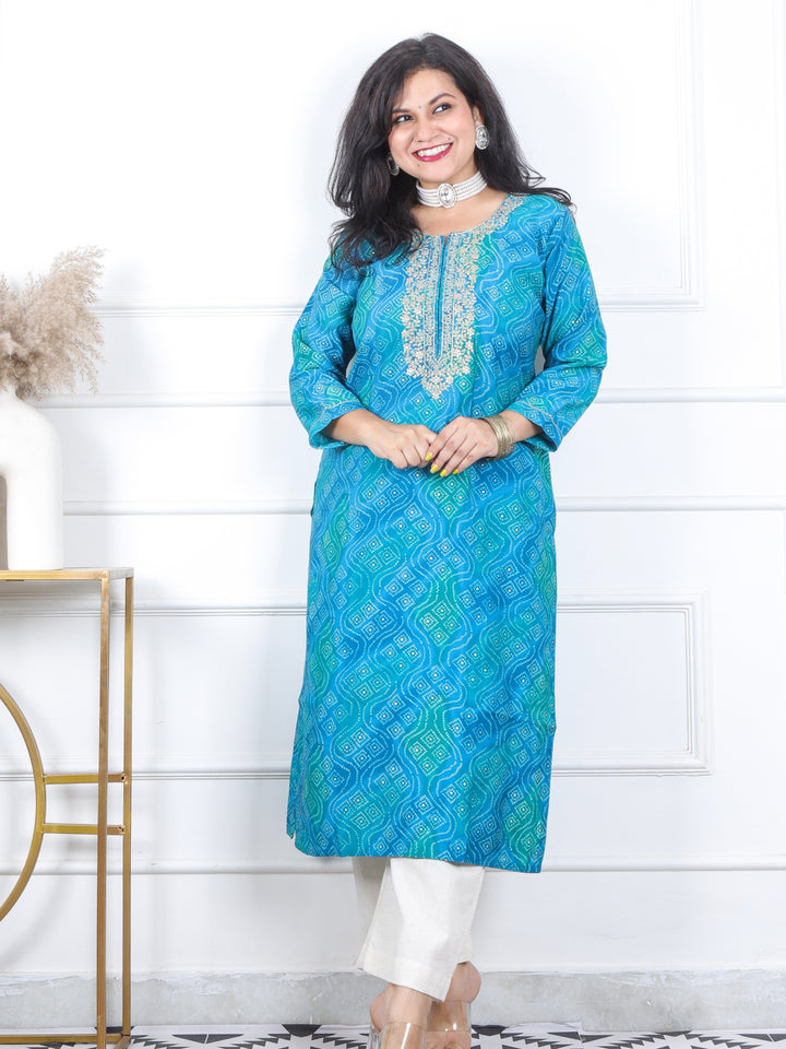 Daarshvi Teal Blue Bandani Printed Embellish Neckline Modal Kurt