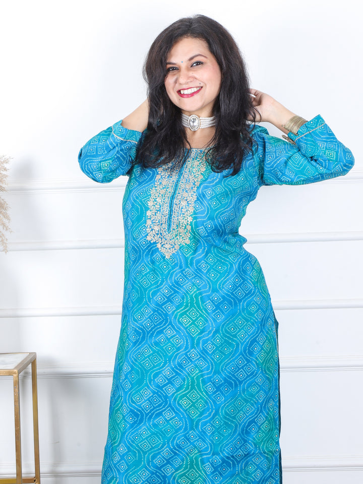 Daarshvi Teal Blue Bandani Printed Embellish Neckline Modal Kurt